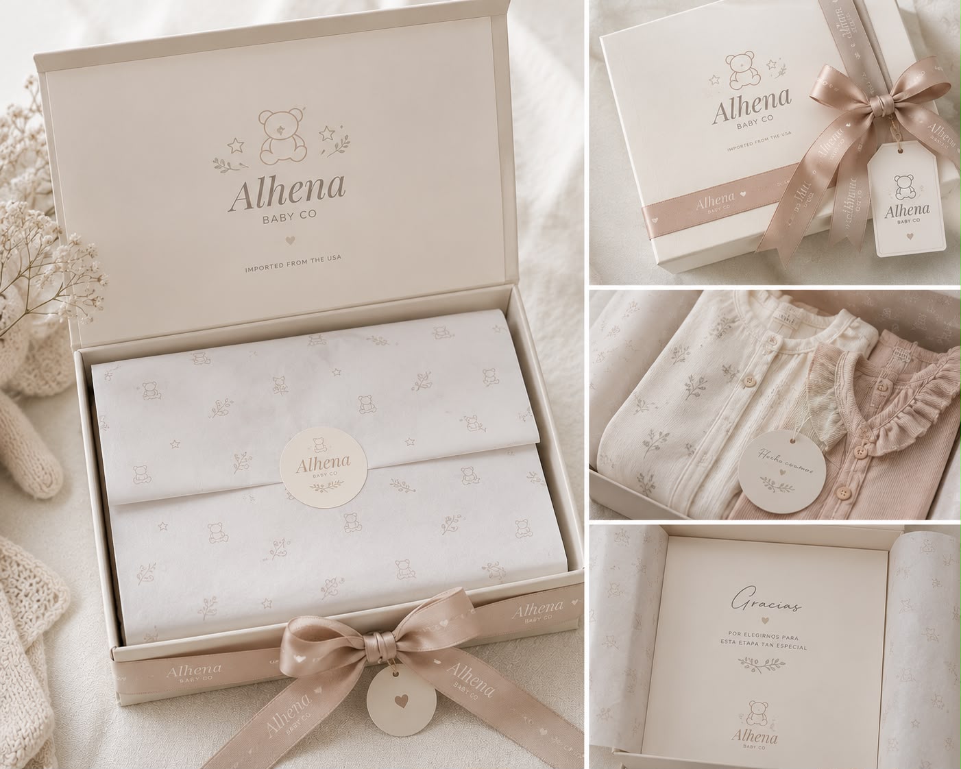 Packaging premium Alhena Baby Co. con cinta rose gold
