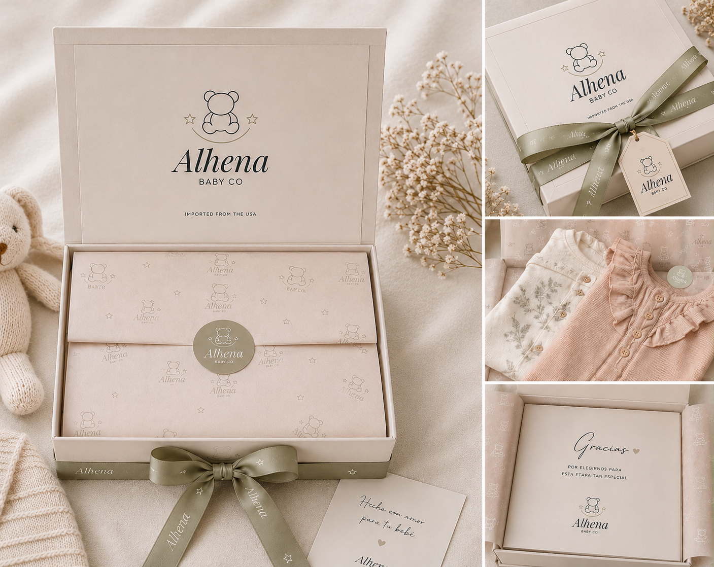 Packaging premium Alhena Baby Co. con cinta sage green